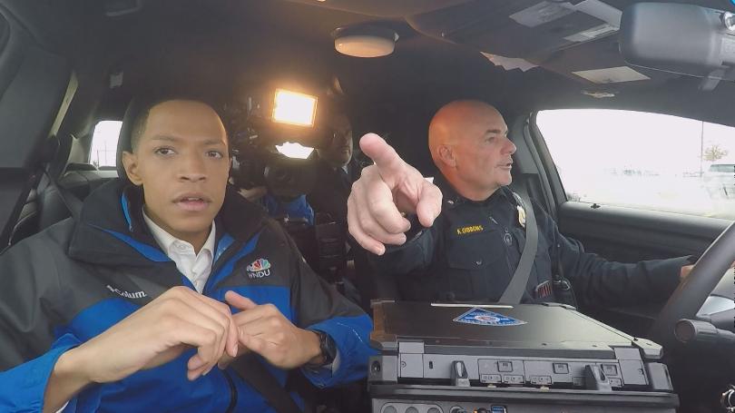 16 New Now’s Joshua Short rides along in a South Bend police car for a demonstration of dash cam and body cameras. Courtesy 16 News Now.