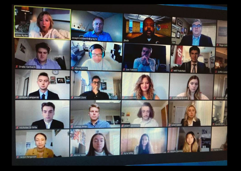 A screenshot of students participating in an event with Gray Television.
